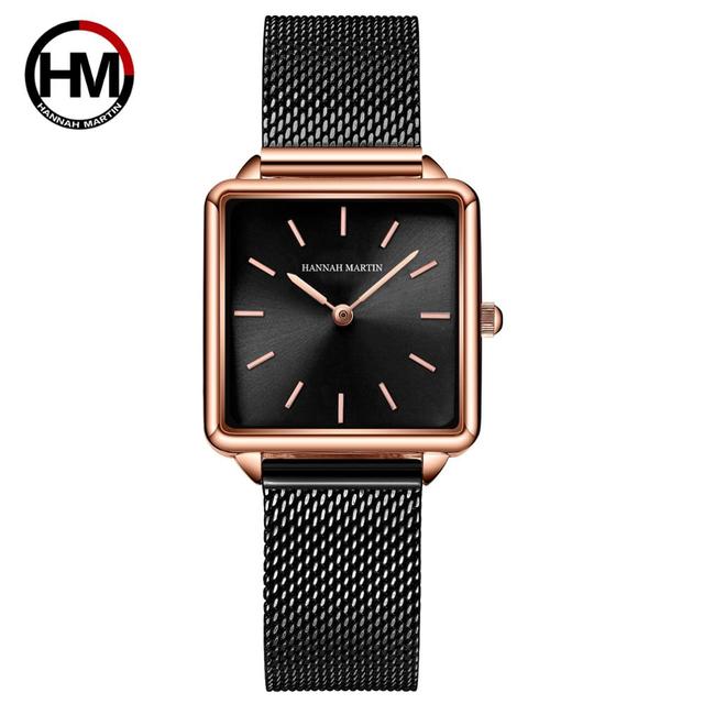 Arrival Full Solid Stainless Steel Square Dial Japan Movement Quartz watch in rose gold, featuring a square dial and stainless steel band.