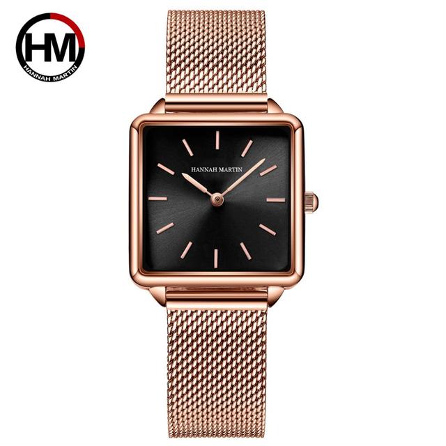 Arrival Full Solid Stainless Steel Square Dial Japan Movement Quartz watch in rose gold, featuring a square dial and stainless steel band.