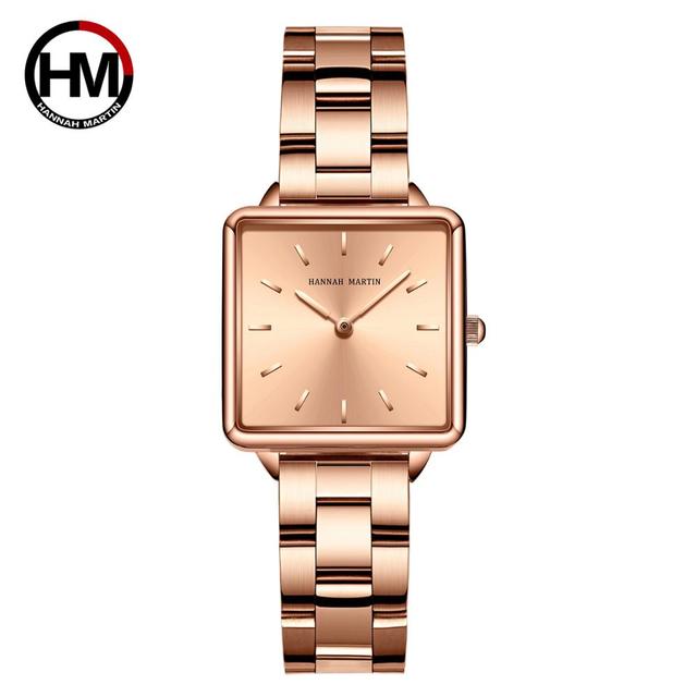 Arrival Full Solid Stainless Steel Square Dial Japan Movement Quartz watch in rose gold, featuring a square dial and stainless steel band.