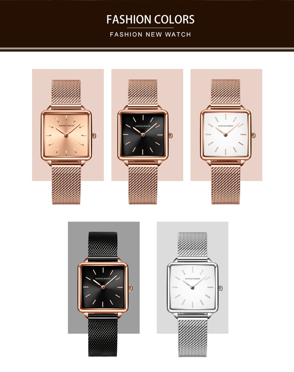 Arrival Full Solid Stainless Steel Square Dial Japan Movement Quartz watch in rose gold, featuring a square dial and stainless steel band.