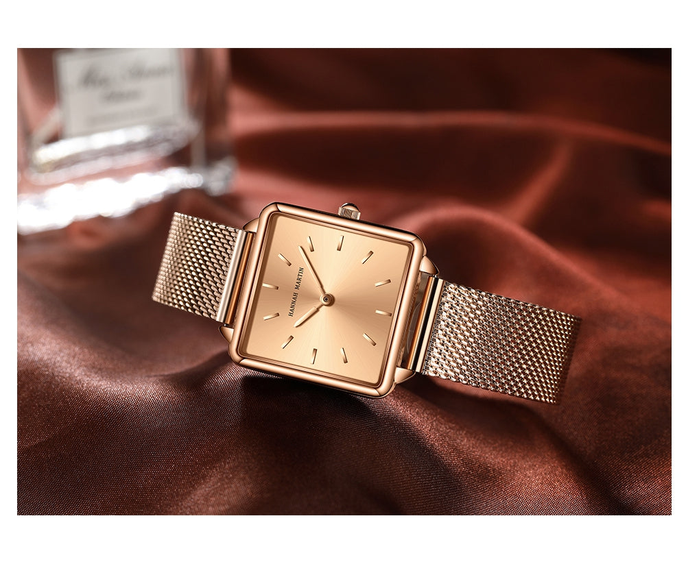 Arrival Full Solid Stainless Steel Square Dial Japan Movement Quartz watch in rose gold, featuring a square dial and stainless steel band.