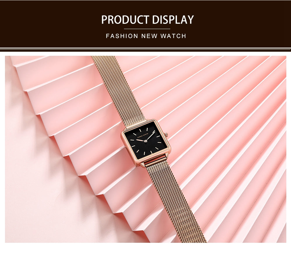 Arrival Full Solid Stainless Steel Square Dial Japan Movement Quartz watch in rose gold, featuring a square dial and stainless steel band.