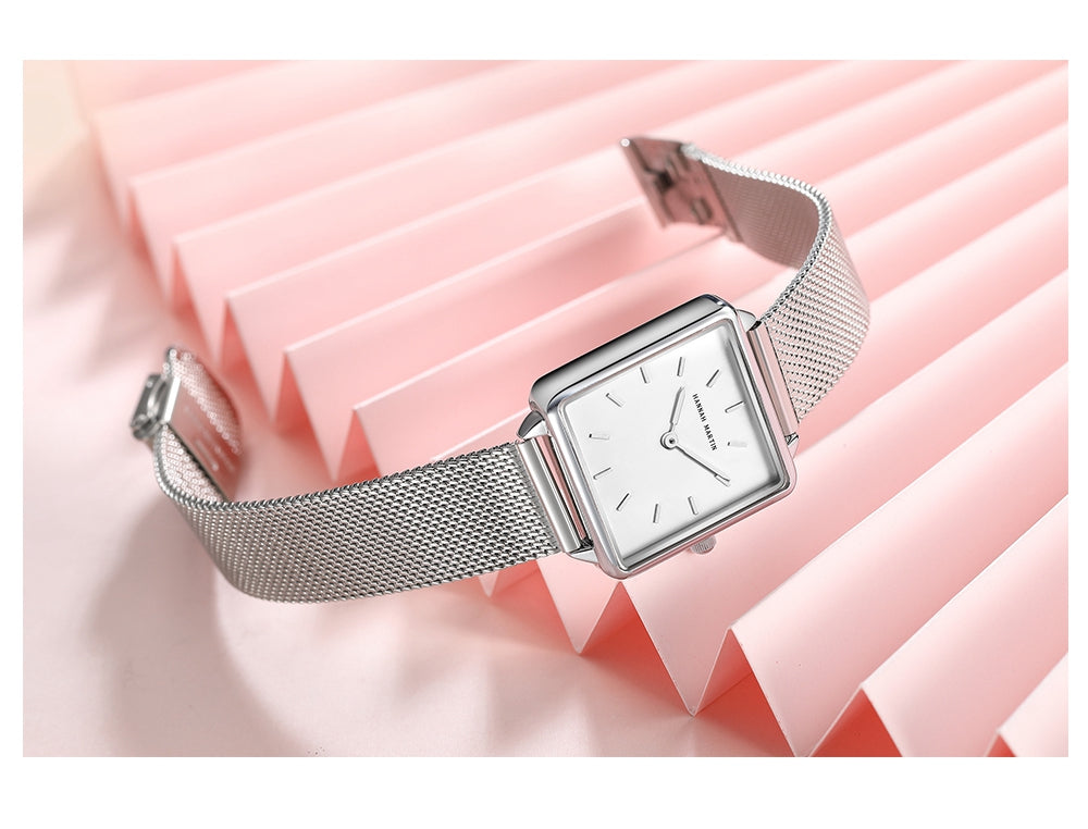 Arrival Full Solid Stainless Steel Square Dial Japan Movement Quartz watch in rose gold, featuring a square dial and stainless steel band.