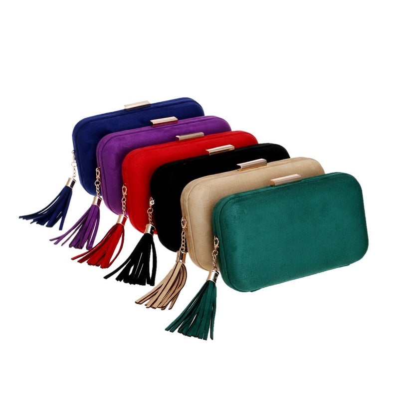 Arrival Women Evening Bag in velvet with tassel decoration, showcasing a stylish flap design and chain handle.