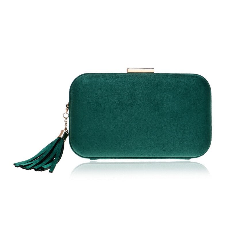 Arrival Women Evening Bag in velvet with tassel decoration, showcasing a stylish flap design and chain handle.