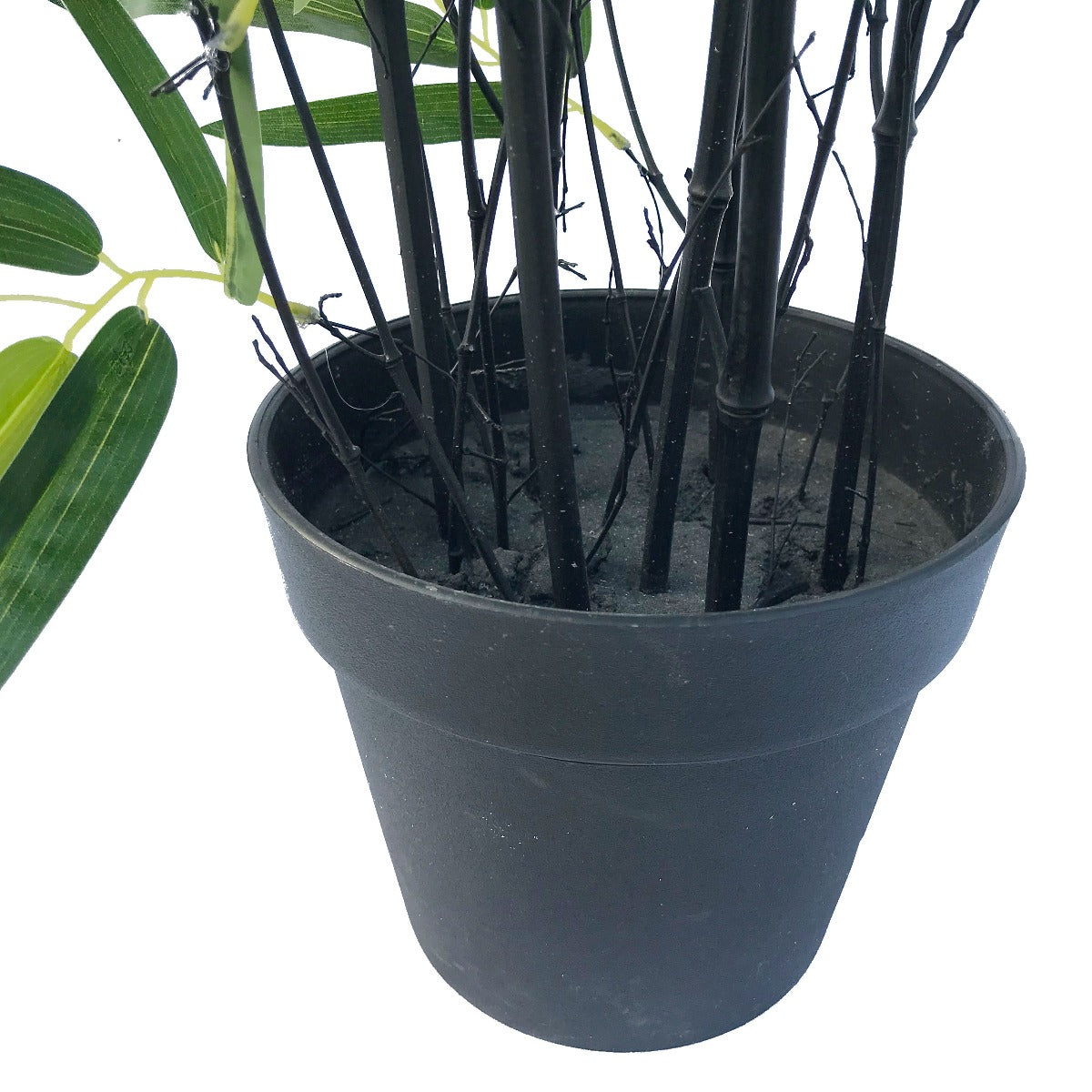 A tall 180cm Artificial Black Bamboo tree with real touch leaves, showcasing lush green foliage and sturdy bamboo canes in a basic plastic pot.