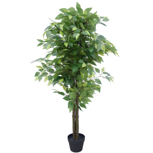 A 145cm tall Artificial Bushy Ficus Tree with lush green foliage in a basic plastic pot, perfect for indoor decoration.