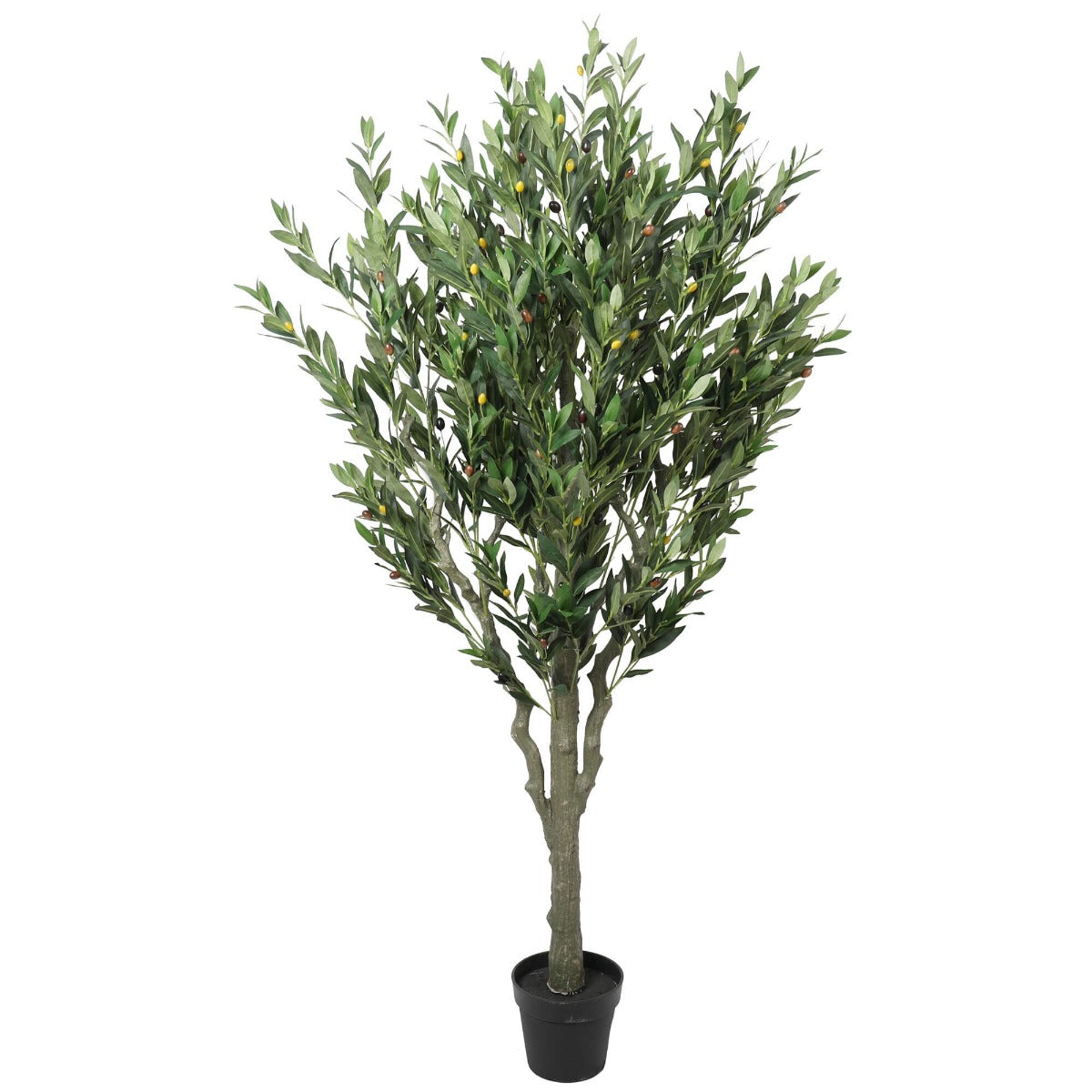 A 180cm tall artificial bushy olive tree with realistic olives and sage-colored leaves in a black pot, perfect for indoor decoration.