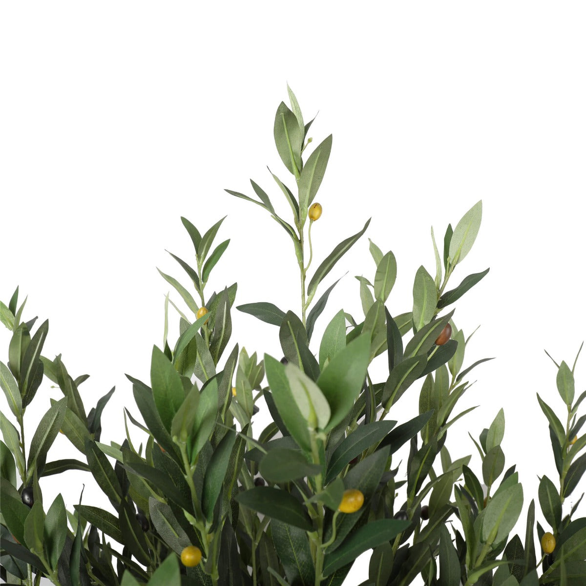 A 180cm tall artificial bushy olive tree with realistic olives and sage-colored leaves in a black pot, perfect for indoor decoration.