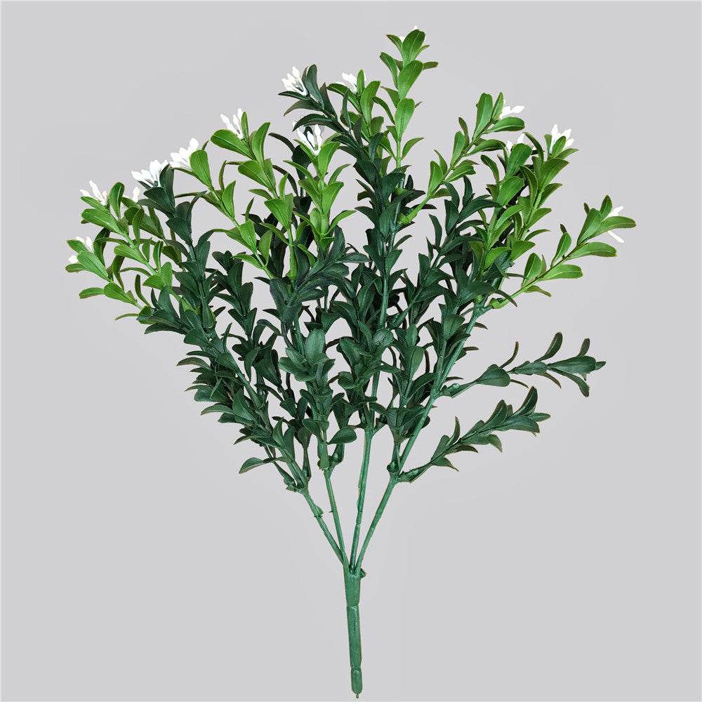 30cm Artificial Flowering Boxwood Stem with realistic foliage and small white flowers, perfect for indoor and outdoor decoration.