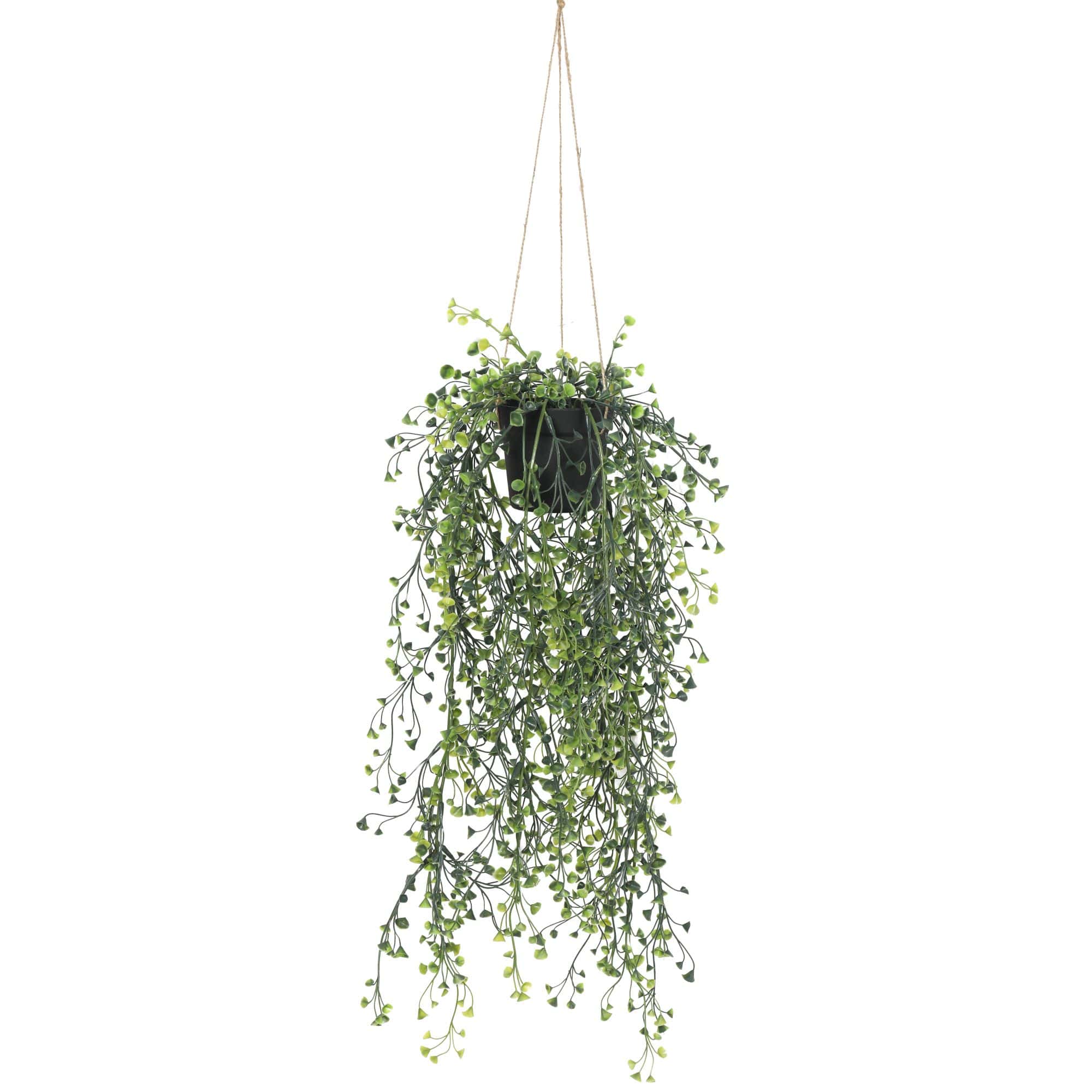 Artificial Hanging Pearls in a black pot, showcasing vibrant green stems and yellow pearls, perfect for indoor and outdoor decor.