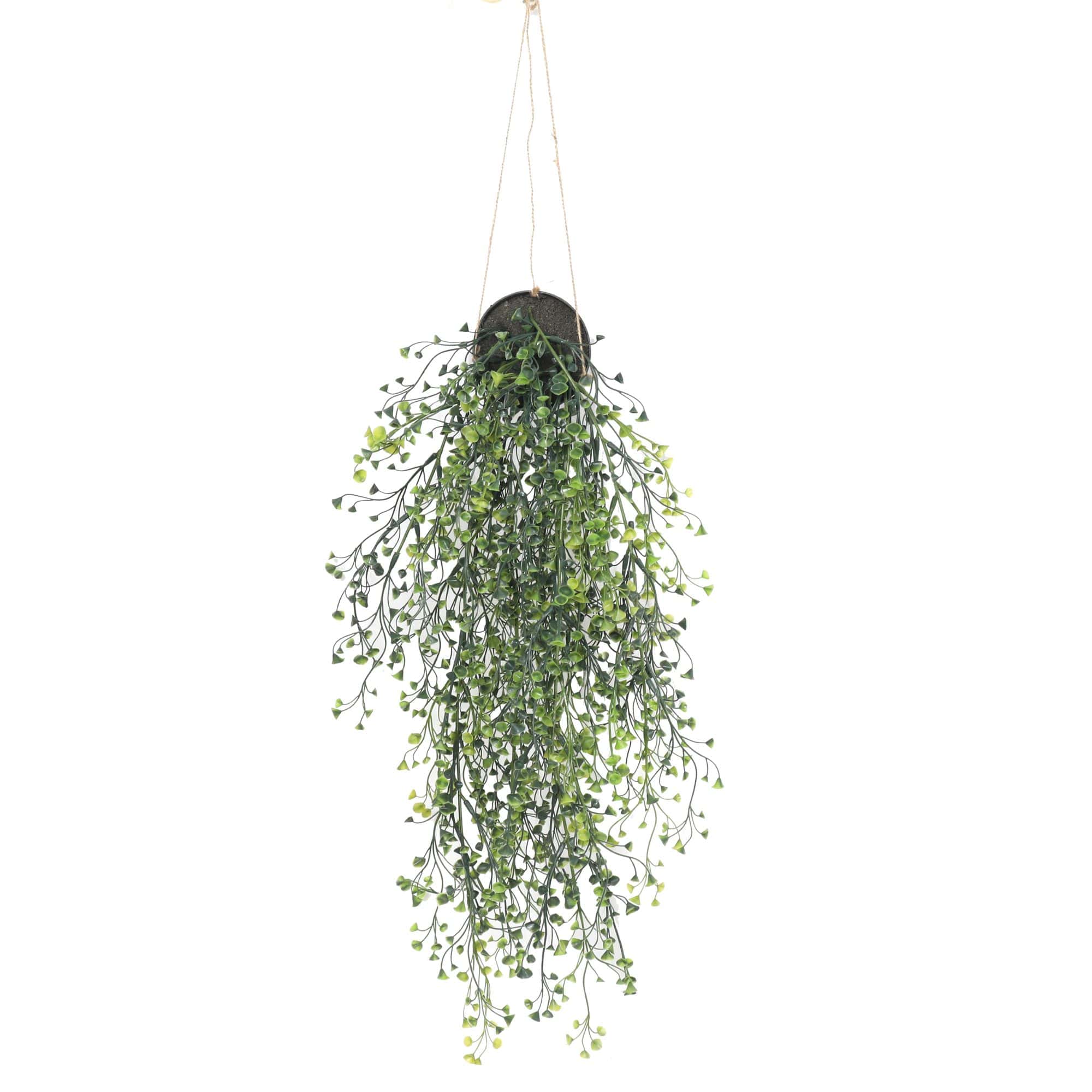 Artificial Hanging Pearls in a black pot, showcasing vibrant green stems and yellow pearls, perfect for indoor and outdoor decor.