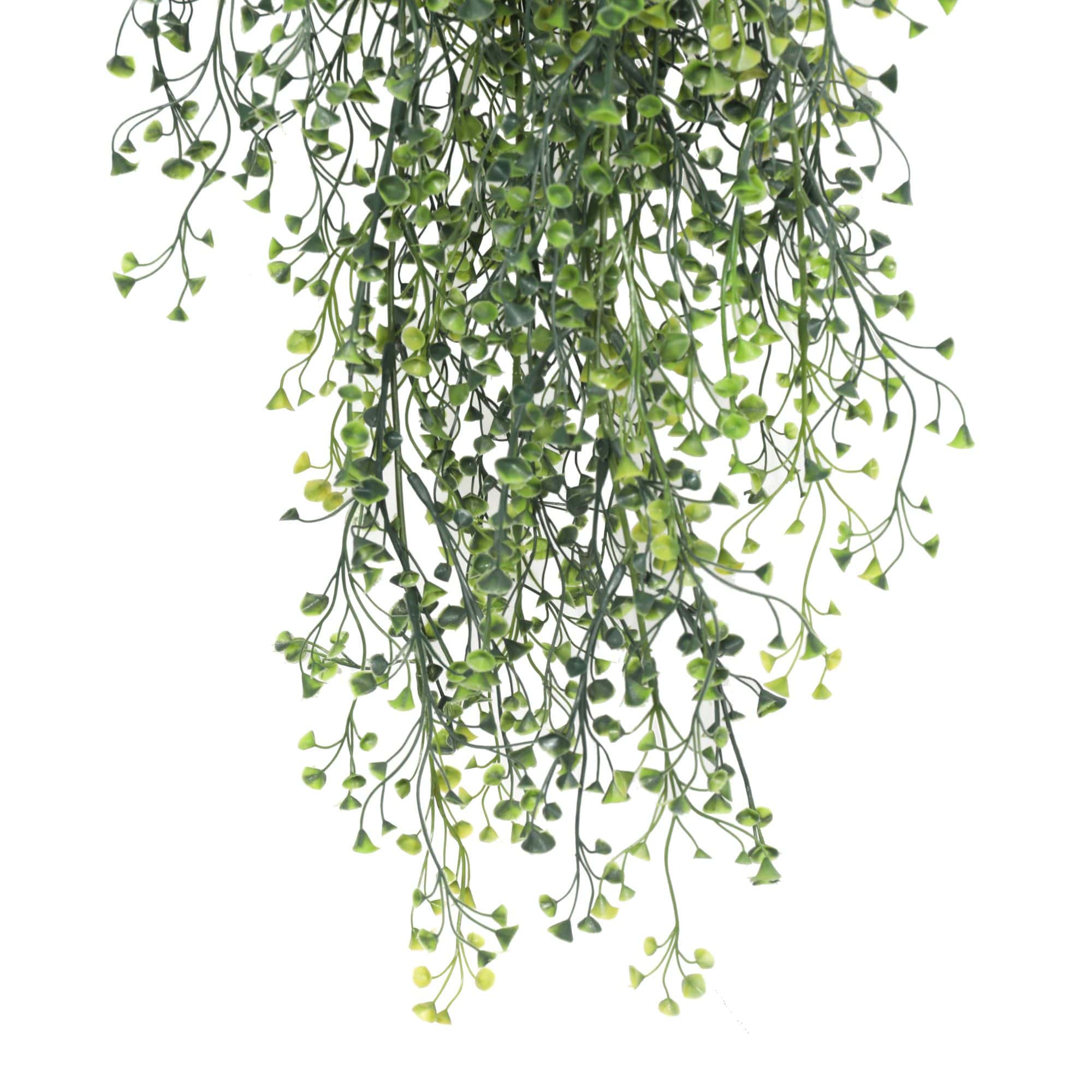 Artificial Hanging Pearls in a black pot, showcasing vibrant green stems and yellow pearls, perfect for indoor and outdoor decor.