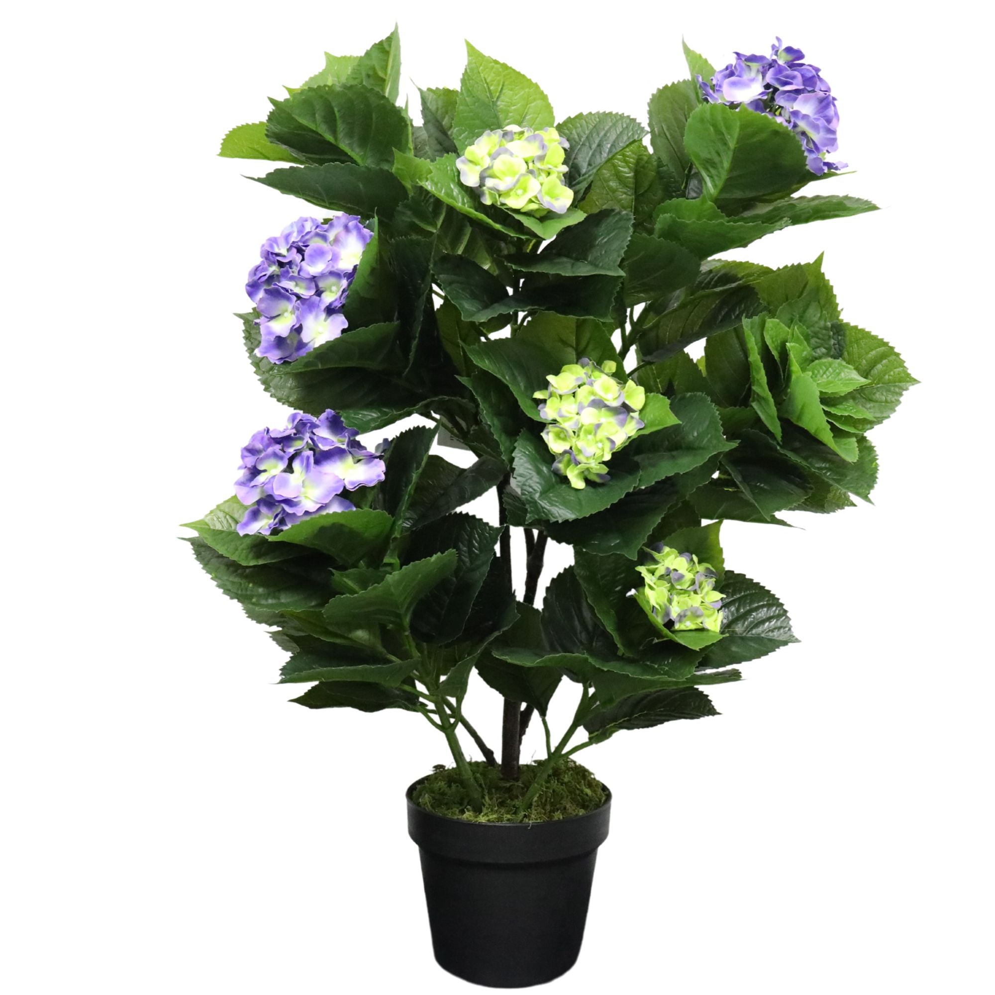 A beautiful 74cm artificial hydrangea plant featuring mixed purples and yellows, showcasing its lifelike appearance and vibrant colors.