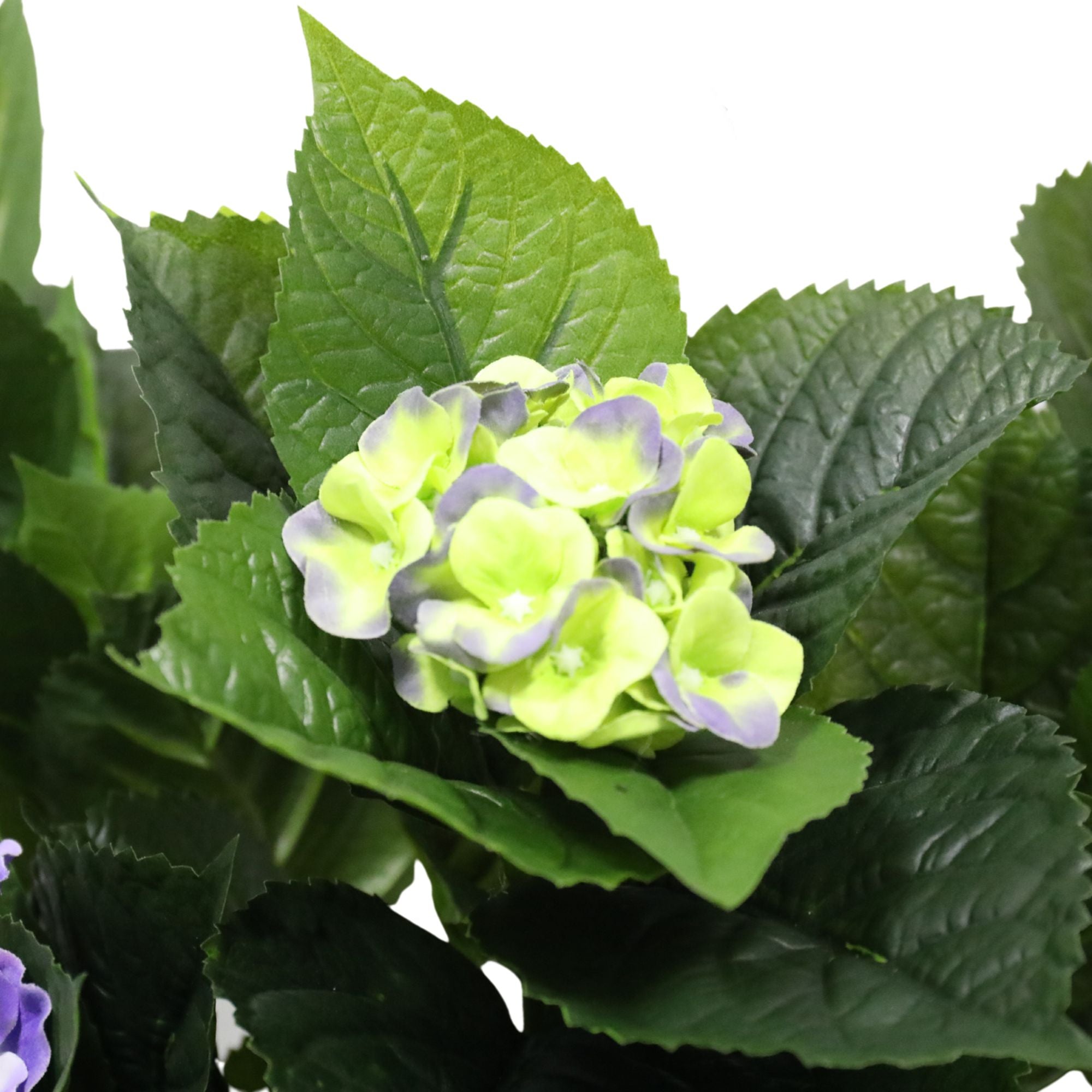 A beautiful 74cm artificial hydrangea plant featuring mixed purples and yellows, showcasing its lifelike appearance and vibrant colors.