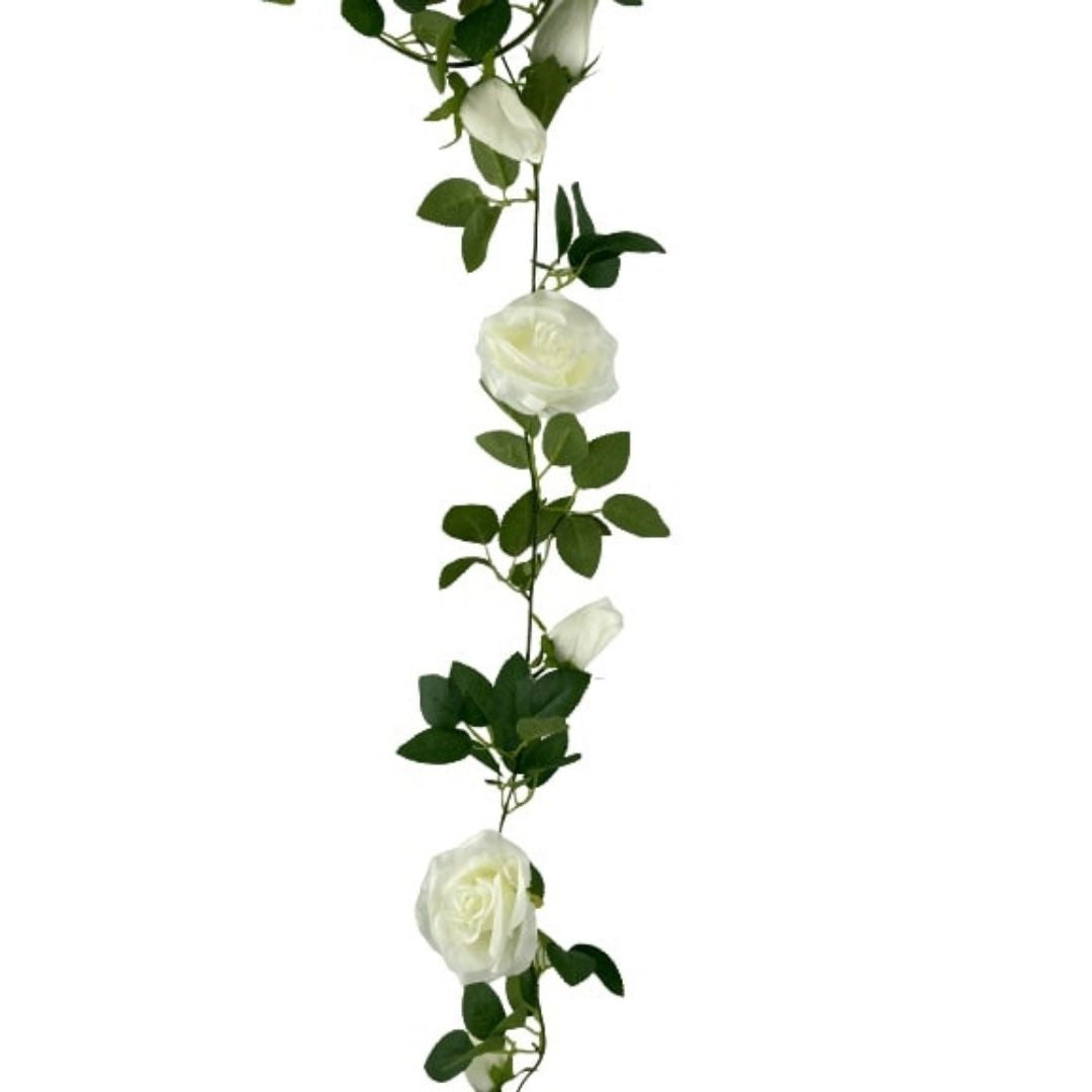 A 190cm long artificial white rose garland featuring realistic roses and lush green leaves, perfect for home and event decoration.