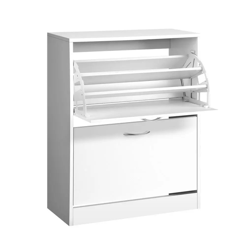 Artiss 2 Door Shoe Cabinet in White with adjustable shelves and stylish handles, designed for organized shoe storage.