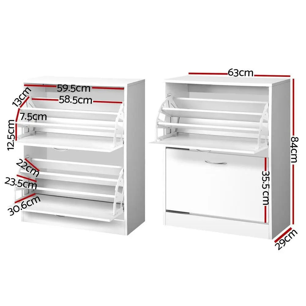 Artiss 2 Door Shoe Cabinet in White with adjustable shelves and stylish handles, designed for organized shoe storage.