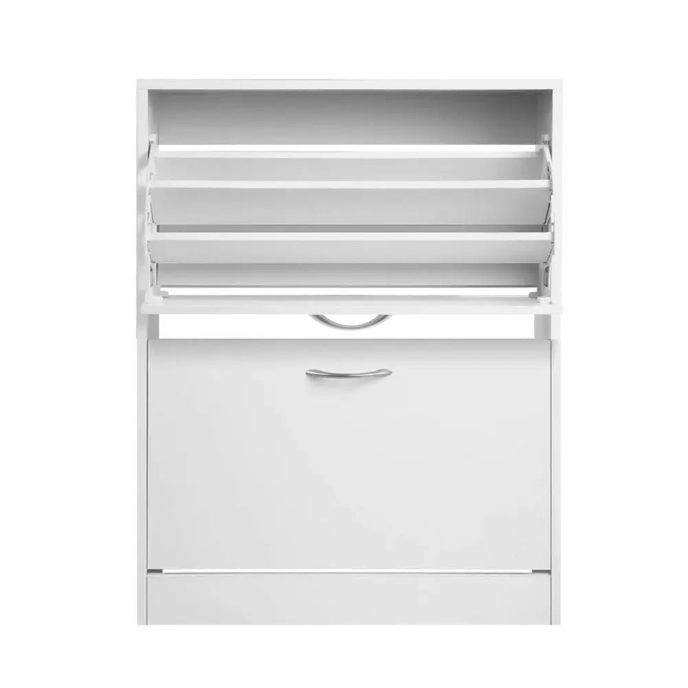 Artiss 2 Door Shoe Cabinet in White with adjustable shelves and stylish handles, designed for organized shoe storage.