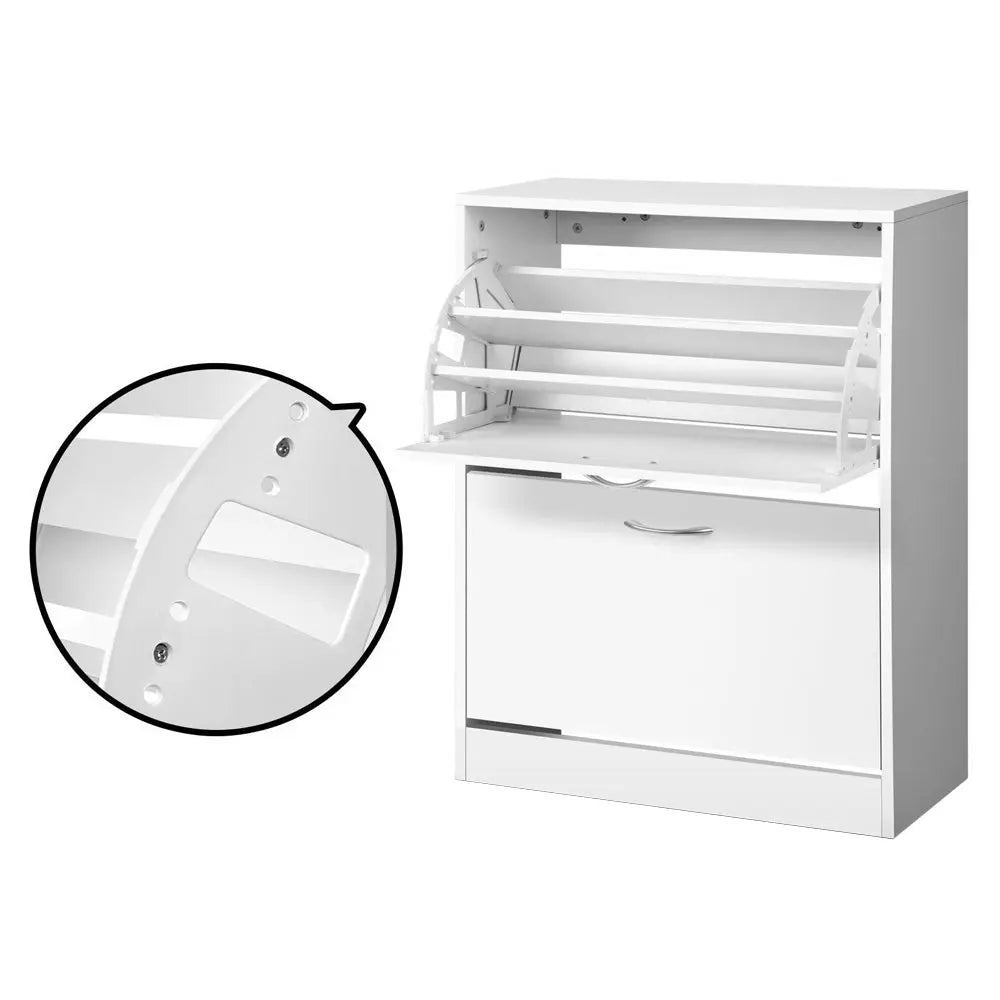 Artiss 2 Door Shoe Cabinet in White with adjustable shelves and stylish handles, designed for organized shoe storage.