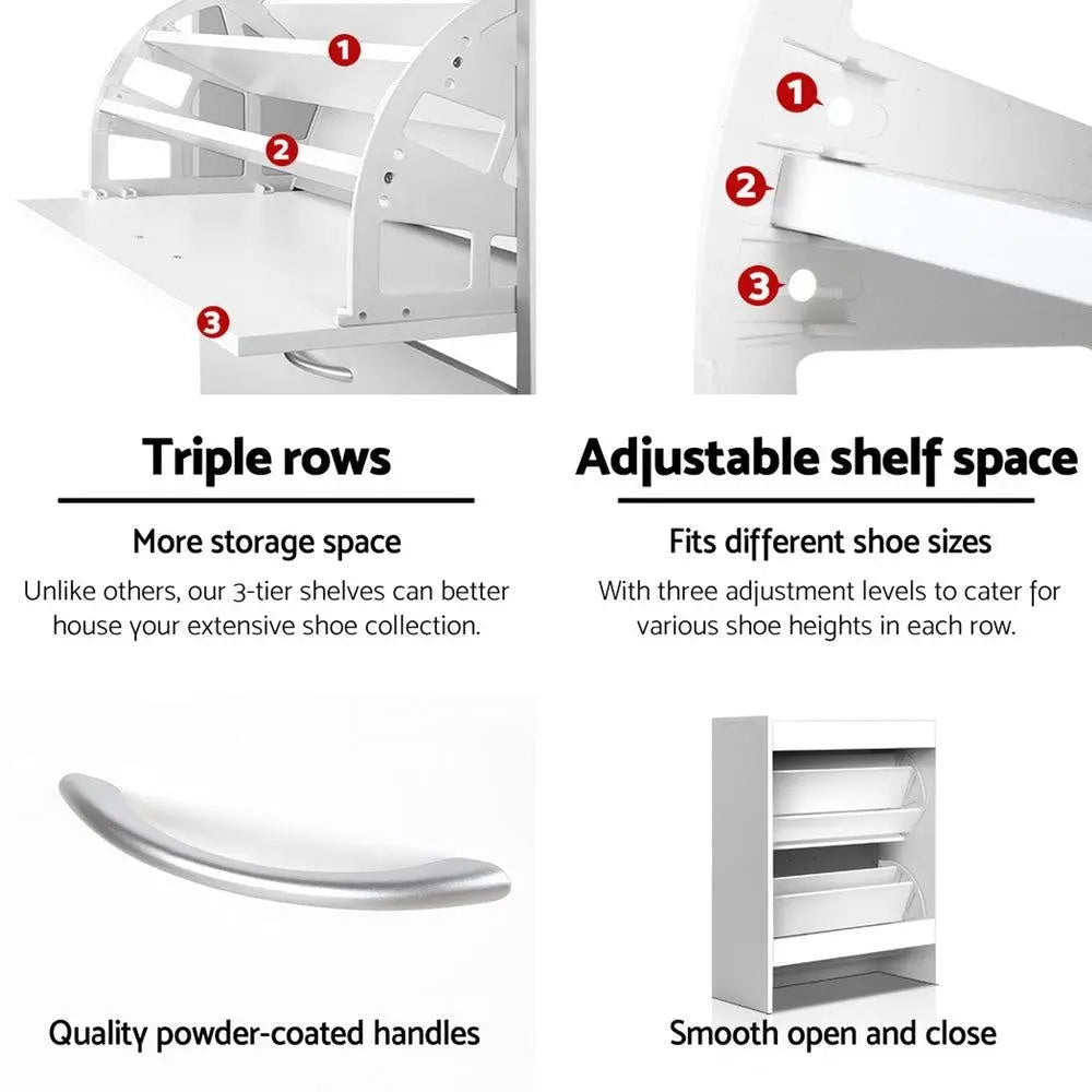 Artiss 2 Door Shoe Cabinet in White with adjustable shelves and stylish handles, designed for organized shoe storage.