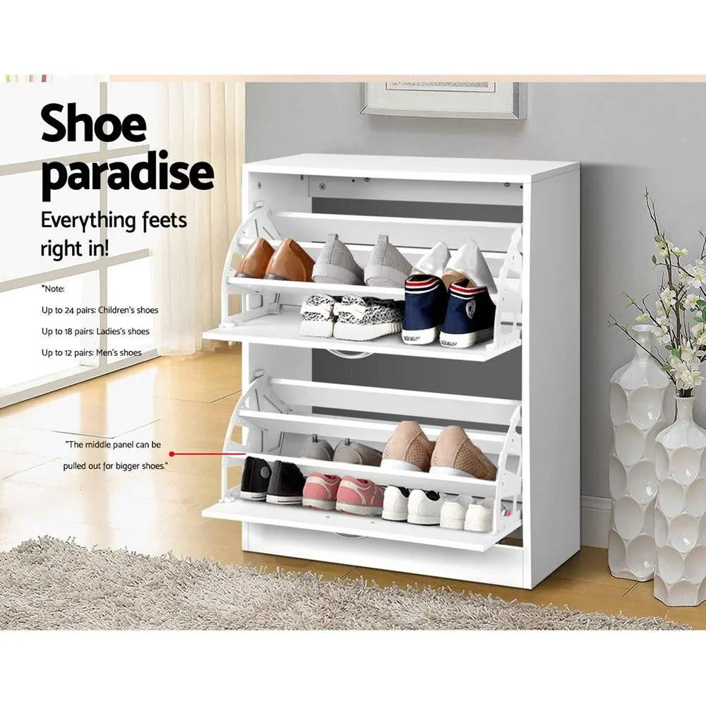 Artiss 2 Door Shoe Cabinet in White with adjustable shelves and stylish handles, designed for organized shoe storage.