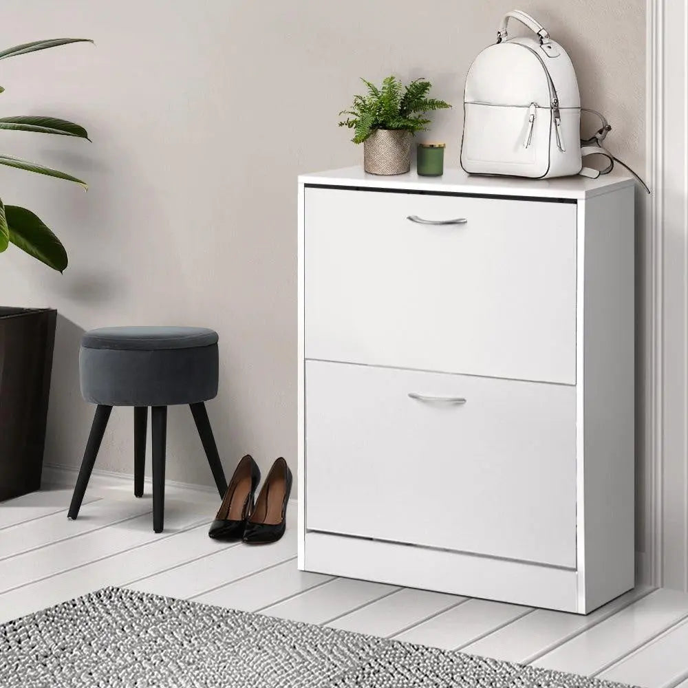 Artiss 2 Door Shoe Cabinet in White with adjustable shelves and stylish handles, designed for organized shoe storage.