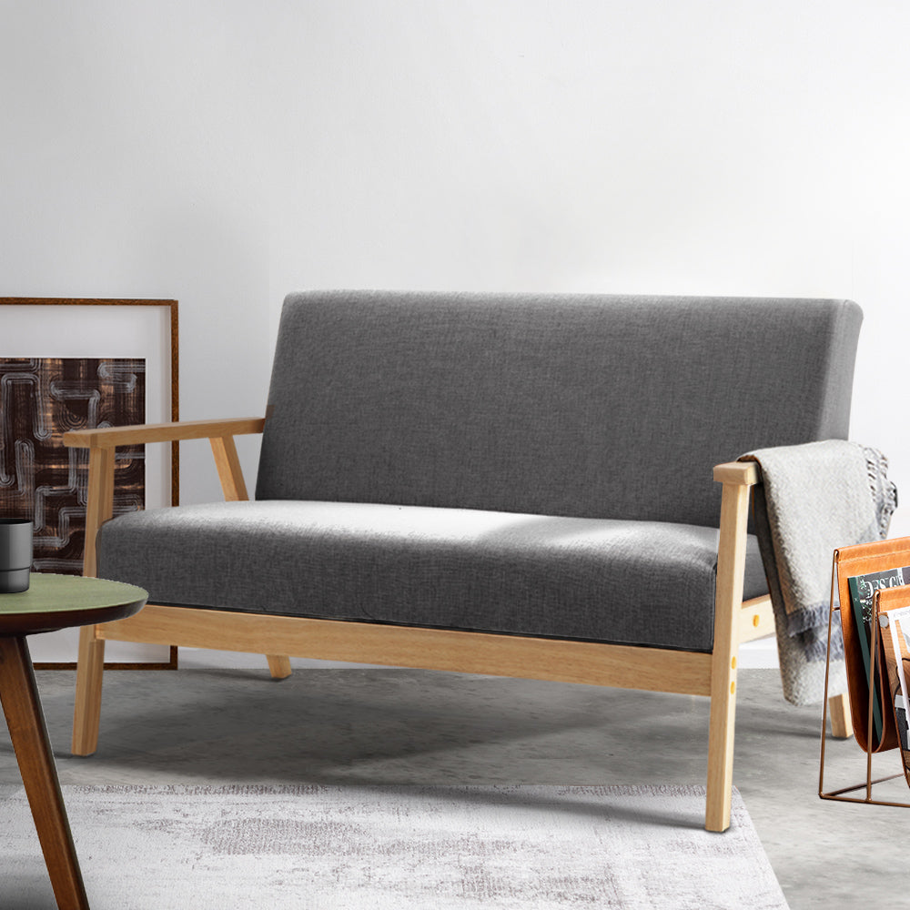 Artiss 2 Seater Fabric Sofa Chair in Grey with soft-touch upholstery and solid rubber wood legs, featuring a minimalist design.