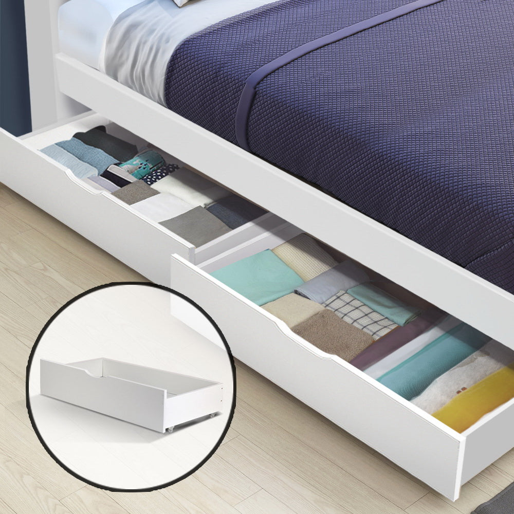 Artiss 2x Storage Drawers Trundle in white, made of solid pine wood, featuring smooth castors and safe edges, designed for single wooden bed frames.