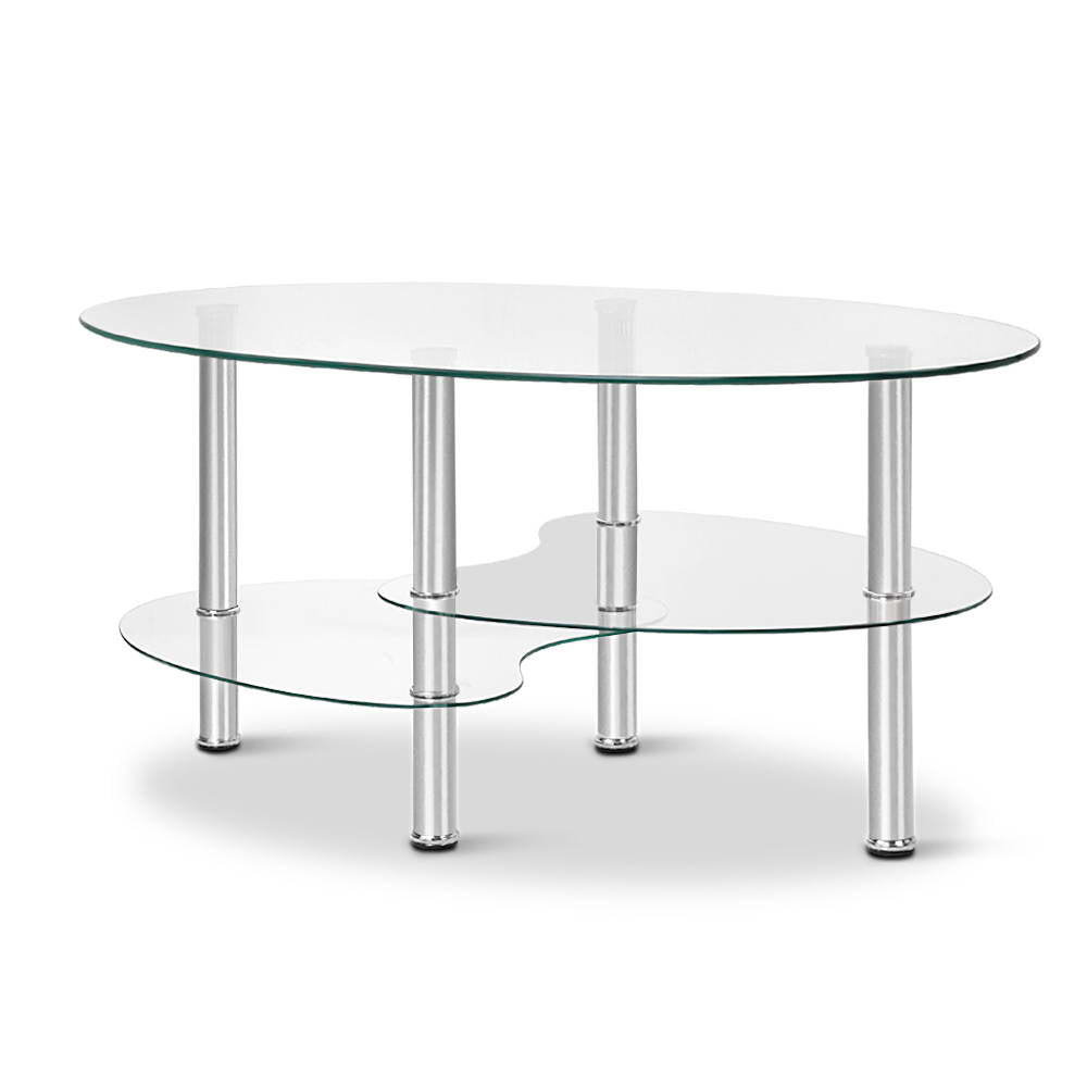 Artiss 3 Tier Coffee Table featuring a sleek elliptical tempered glass top and kidney-shaped glass shelves, supported by stainless steel legs.