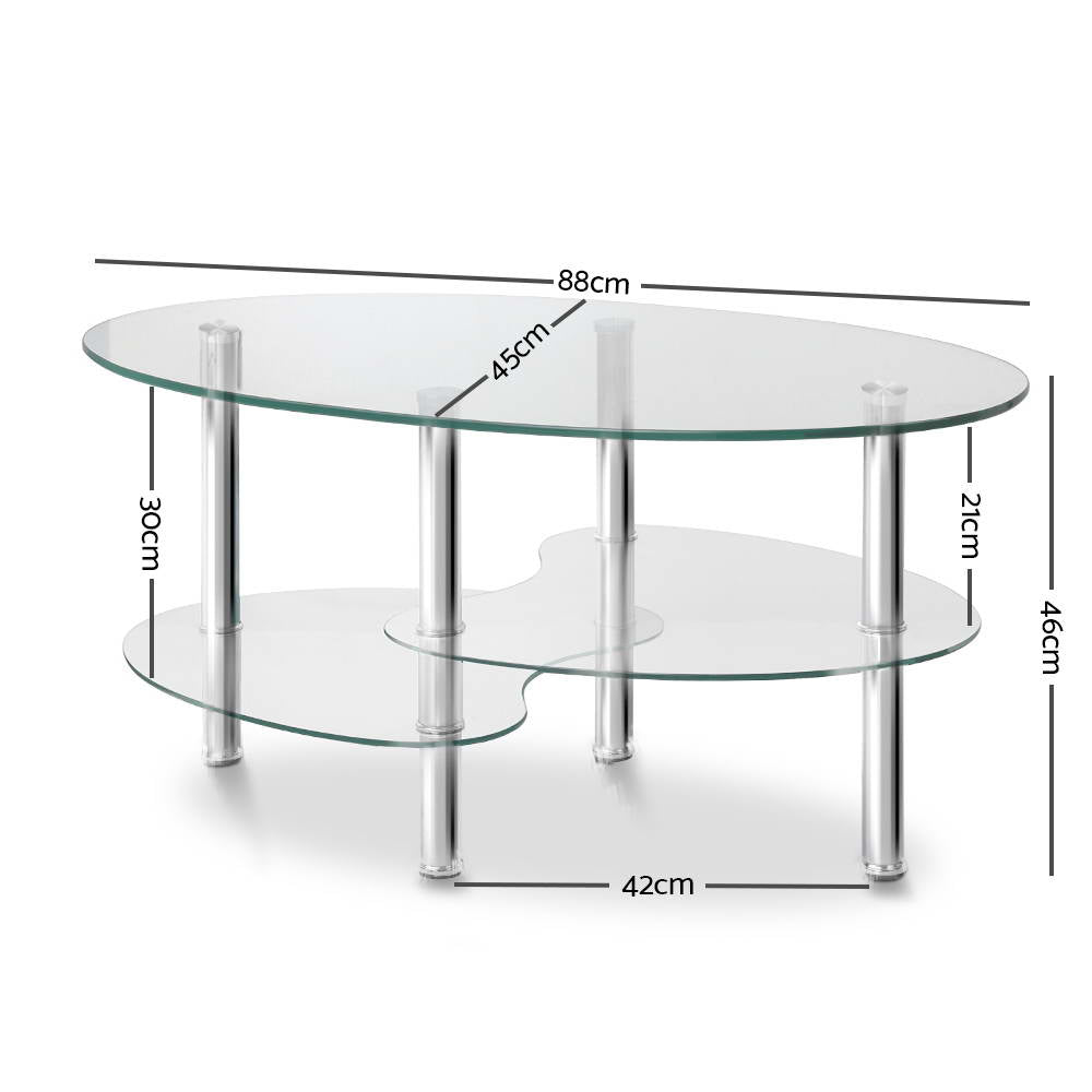 Artiss 3 Tier Coffee Table featuring a sleek elliptical tempered glass top and kidney-shaped glass shelves, supported by stainless steel legs.