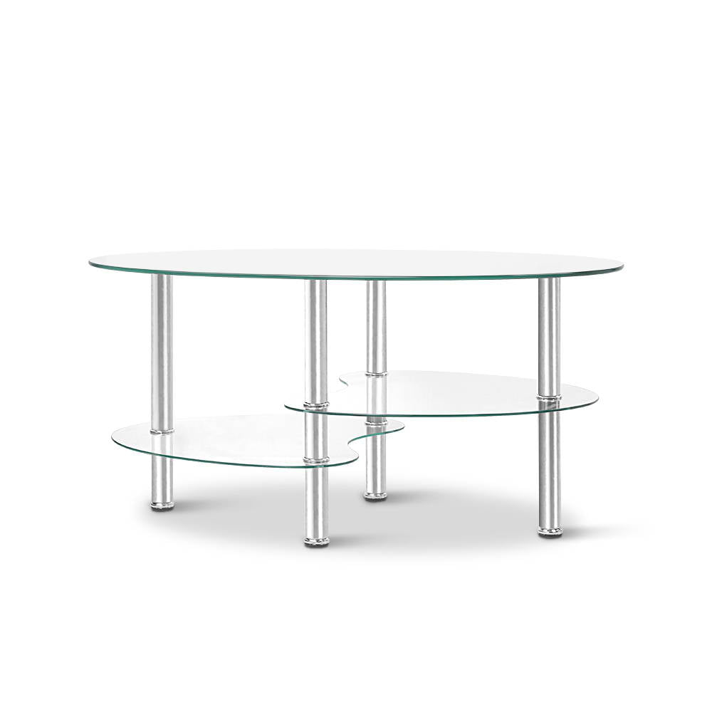 Artiss 3 Tier Coffee Table featuring a sleek elliptical tempered glass top and kidney-shaped glass shelves, supported by stainless steel legs.