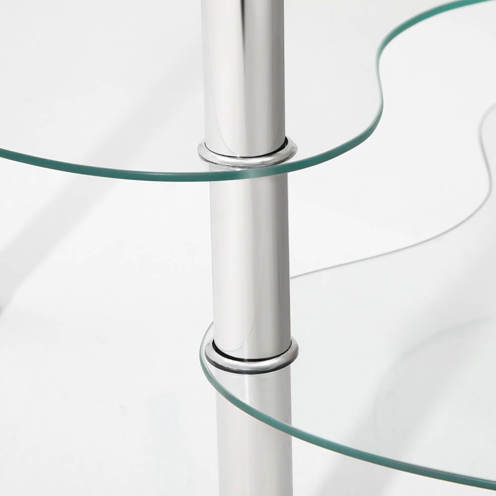 Artiss 3 Tier Coffee Table featuring a sleek elliptical tempered glass top and kidney-shaped glass shelves, supported by stainless steel legs.