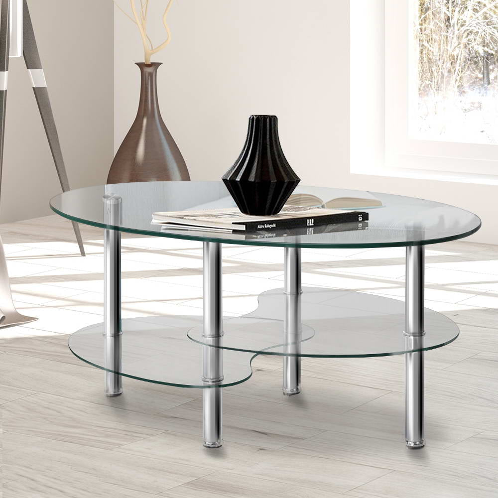 Artiss 3 Tier Coffee Table featuring a sleek elliptical tempered glass top and kidney-shaped glass shelves, supported by stainless steel legs.