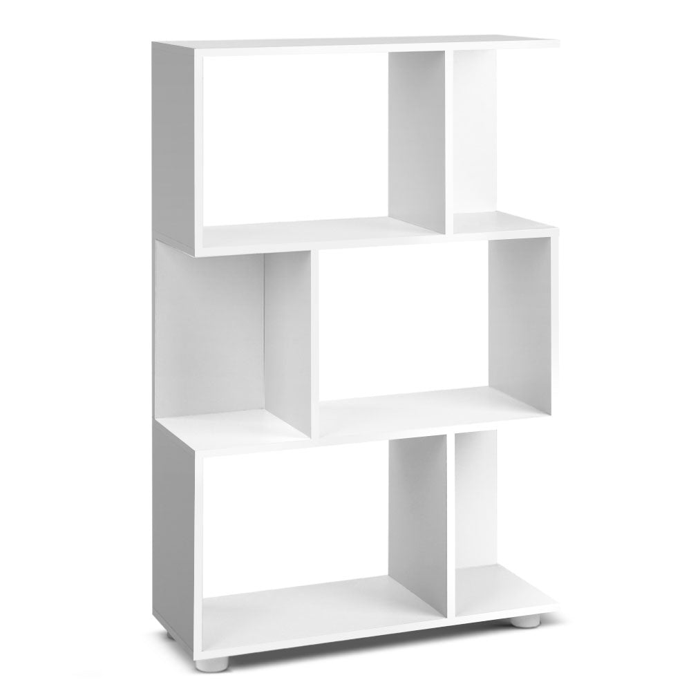 Artiss 3 Tier Zig Zag Bookshelf in white, featuring a unique zig-zag design with three tiers for displaying books and decor.