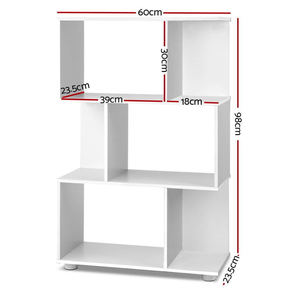 Artiss 3 Tier Zig Zag Bookshelf in white, featuring a unique zig-zag design with three tiers for displaying books and decor.