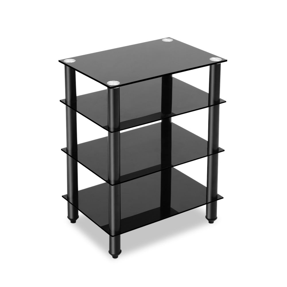 Artiss 4 Tier TV Media Stand featuring sleek black aluminum frame and tempered glass shelves, ideal for media equipment organization.