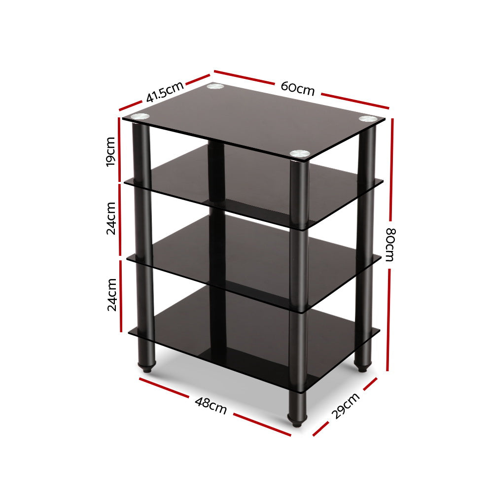 Artiss 4 Tier TV Media Stand featuring sleek black aluminum frame and tempered glass shelves, ideal for media equipment organization.