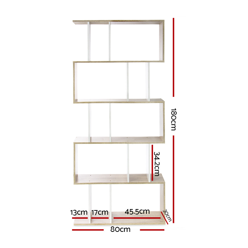 Artiss 5 Tier Display Book Storage Shelf Unit in White and Brown, showcasing five tiers for books and decor.