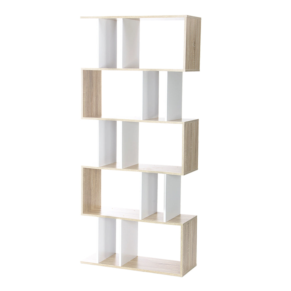 Artiss 5 Tier Display Book Storage Shelf Unit in White and Brown, showcasing five tiers for books and decor.