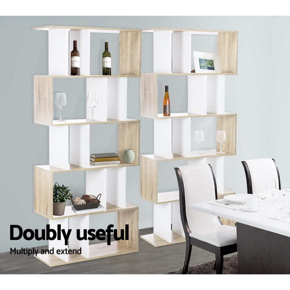 Artiss 5 Tier Display Book Storage Shelf Unit in White and Brown, showcasing five tiers for books and decor.