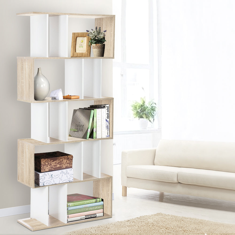 Artiss 5 Tier Display Book Storage Shelf Unit in White and Brown, showcasing five tiers for books and decor.