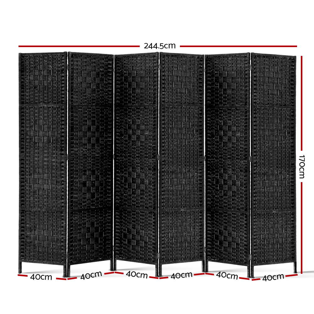 Artiss 6 Panel Room Divider in Black, showcasing solid pine wood frame and eco-friendly non-woven fabric panels, elegantly separating spaces.