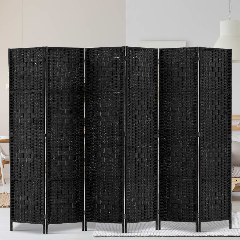 Artiss 6 Panel Room Divider in Black, showcasing solid pine wood frame and eco-friendly non-woven fabric panels, elegantly separating spaces.