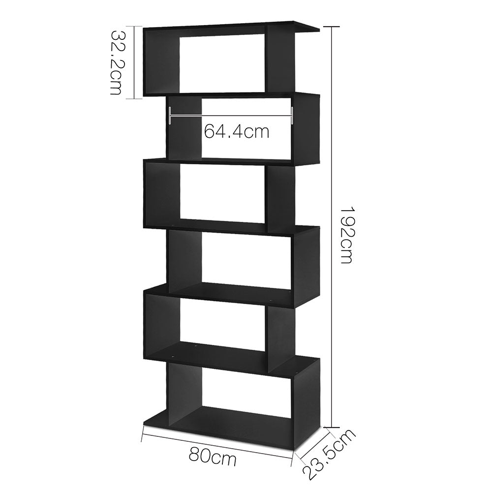 Artiss 6 Tier Display Shelf in Black showcasing its unique S-shape design with six cascading shelves, perfect for home decor.