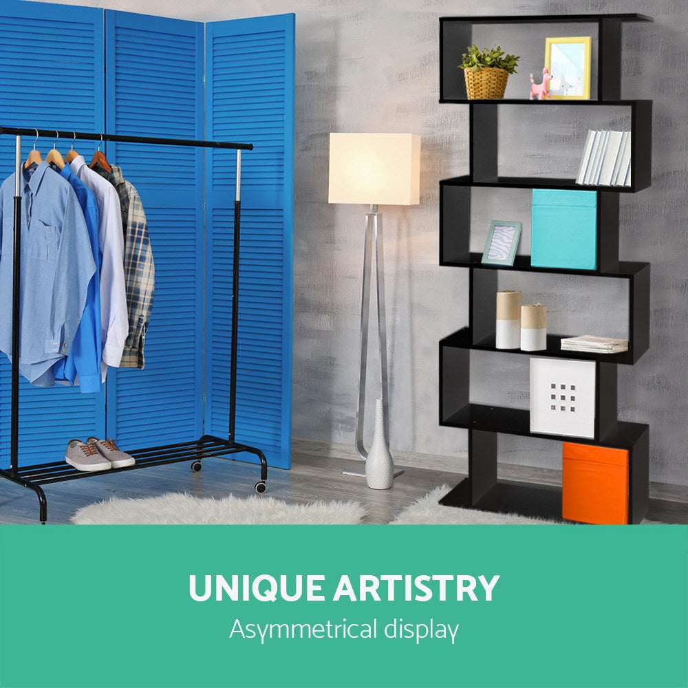 Artiss 6 Tier Display Shelf in Black showcasing its unique S-shape design with six cascading shelves, perfect for home decor.