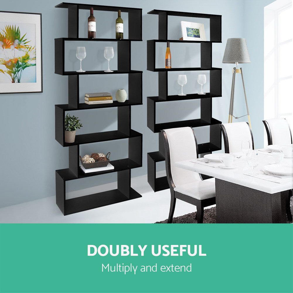 Artiss 6 Tier Display Shelf in Black showcasing its unique S-shape design with six cascading shelves, perfect for home decor.