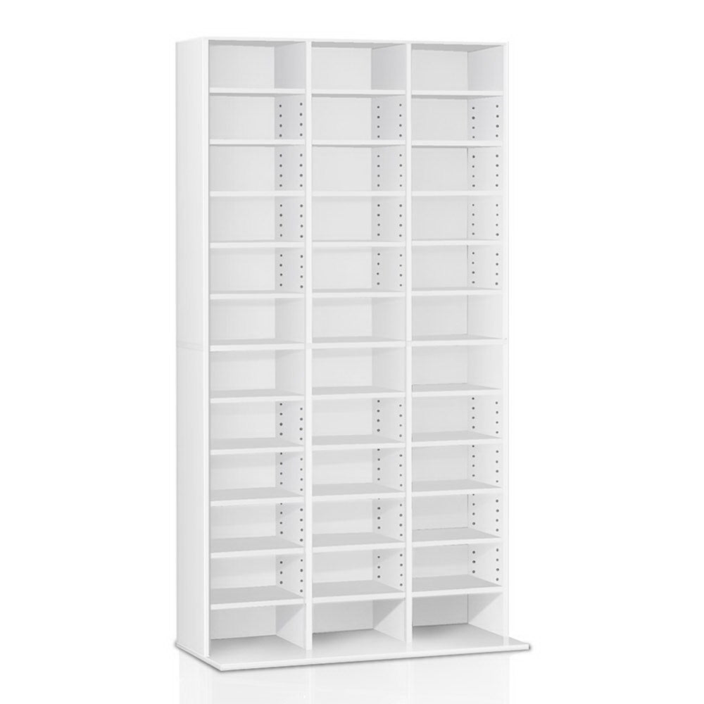 Artiss Adjustable Book Storage Shelf Rack Unit in White, showcasing multiple adjustable shelves for CDs and DVDs.