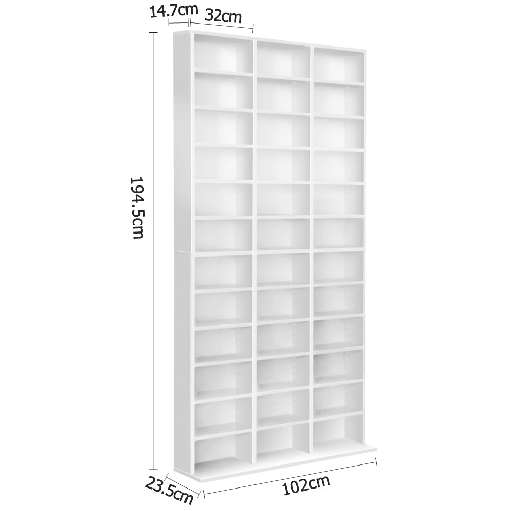 Artiss Adjustable Book Storage Shelf Rack Unit in White, showcasing multiple adjustable shelves for CDs and DVDs.