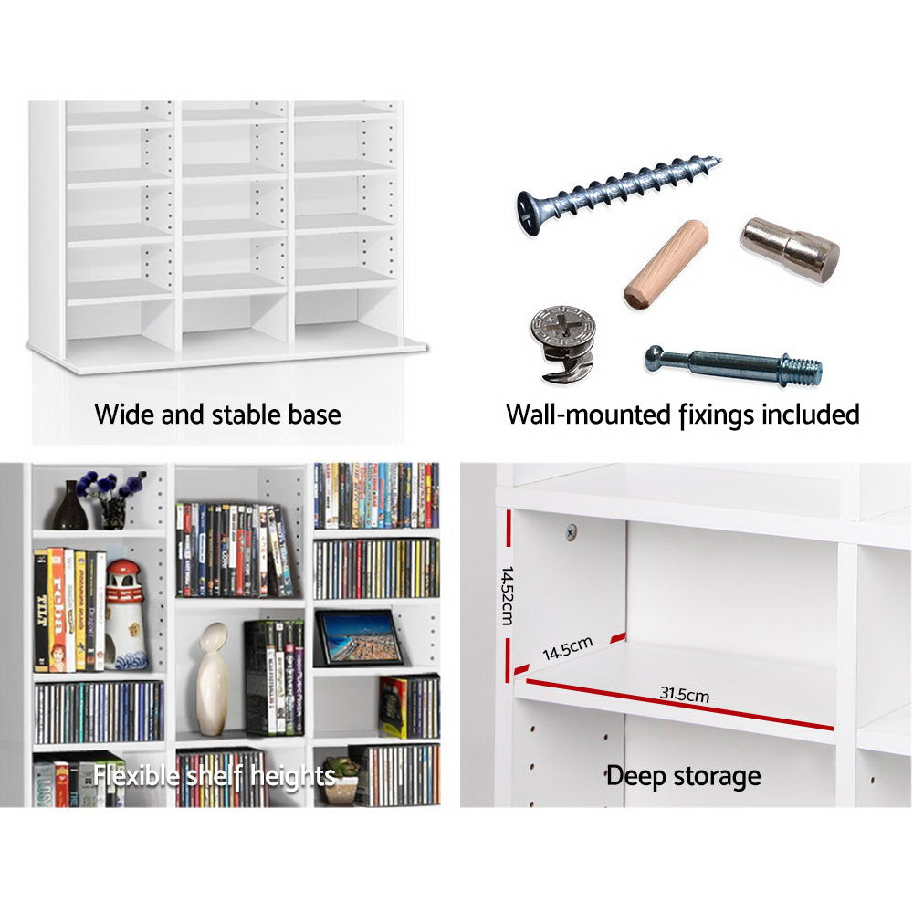 Artiss Adjustable Book Storage Shelf Rack Unit in White, showcasing multiple adjustable shelves for CDs and DVDs.